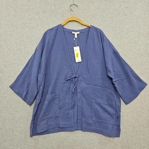 Eileen Fisher giacca top cotone biologico giacca kimono taglia L blu viola scollo a V - Foto 1 di 11