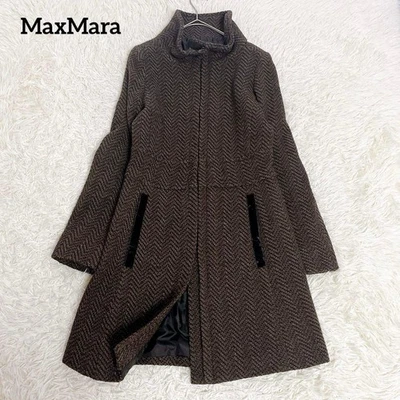 Abrigo Largo Max Mara Espiga Tweed Cuello Marrón Talla M Auténtico De Japón RIN Foto 1 de 4