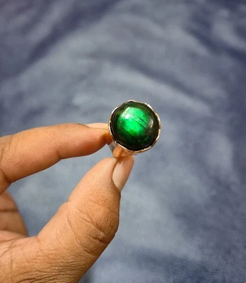 Anel de cobre puro labradorita verde feito à mão ajustável anel de pedra preciosa joia - Imagem 1 de 4