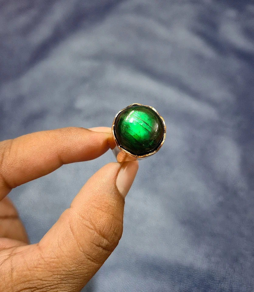 Anillo de cobre puro labradorita verde hecho a mano ajustable anillo de piedras preciosas joyería Foto 1 de 4
