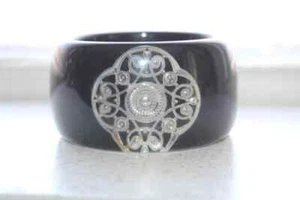 Chunky Black Lucite Bangle Bracelet with Encased Silver Filigree - Picture 1 of 3
