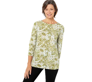 Susan Graver Printed Liquid Knit Tie Back 3/4 Sleeve Top Citron Choose Size - Picture 1 of 4