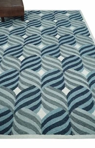 Handgetuftet 5x8 Blau, Elfenbein, Grau Modern Streifen Stil Wolle Vorleger-DD/MA256 - Bild 1 von 11