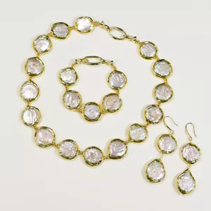 Cultured White Coin Keshi Pearl Gold Plated Pearl Necklace Bracelet Earrings Set - Picture 1 of 21