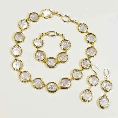 Cultured White Coin Keshi Pearl Gold Plated Pearl Necklace Bracelet Earrings Set - Image 1 of 2