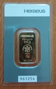 Goldbarren Heraeus 10 Gramm Kinebar 999.9 Gold / AU original geblistert - Bild 1 von 2