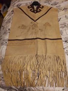 Genuine Handmade Butter Brown Leather Western Fringed Mexican Poncho circa 1970' - Picture 1 of 7