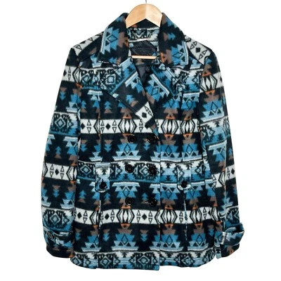 Southwest Aztec Fleece Peacoat Jacket Womens Size L Joujou Boho Fall Button Up - Image 1 of 4