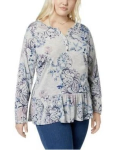 Style & Co Women Top Blouse Plus Sz 1X Gray Long Slv Stretch Flower Print New - Picture 1 of 11