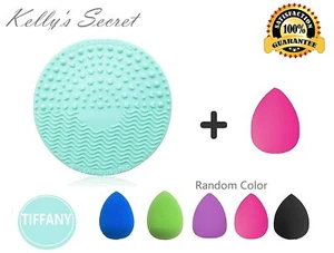 Makeup Brush Cleaning Mat Tool Pad + Cosmetic Makeup Beauty Sponge Blender Gift - Picture 1 of 3