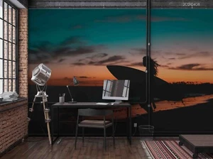 3D Beach Surfer Sunset Self-adhesive Removeable Wallpaper Wall Mural - Picture 1 of 10