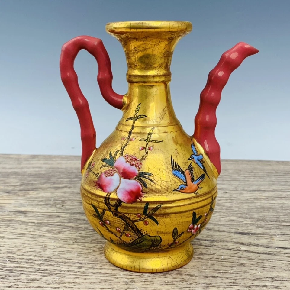 Tetera de porcelana de 7,1" antigua dinastía Song marca horno dorada familia rosa flor pájaro Foto 1 de 4