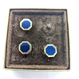 Vintage Avon Gold Tone Navy Enamel Hexagon Button Covers Set Of 3 In Box - Picture 1 of 6