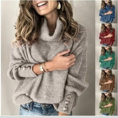 Winter Knit Pullover Neck Jumper Loose Sweater Women High Roll Tops Ladies - Image 1 of 4