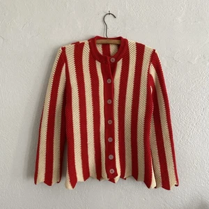 Vintage 60s Herringbone Virtical Stripe Cardigan Sweater Cherry Red Cream Sz XS - Picture 1 of 9