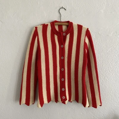 Vintage 60s Herringbone Virtical Stripe Cardigan Sweater Cherry Red Cream Sz XS - Image 1 of 4