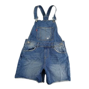 Levi's Overalls Shortalls Girls 14 Blue Medium Wash Denim Pockets Distressed - Picture 1 of 9
