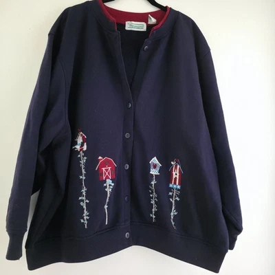 Cárdigan extra Shenanigans bordado casa de pájaros casa de campo abuela botón para mujer 3X Foto 1 de 4