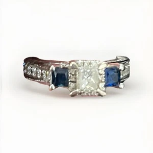 14k White Gold Princess Cut Diamond/Blue Sapphire Three Stone Engagement Ring - Picture 1 of 3