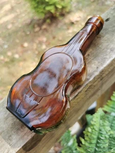 Amber Brown Glass Violin Shaped Whiskey Bottle Screw Top 8" Vintage **chipped** - Picture 1 of 12