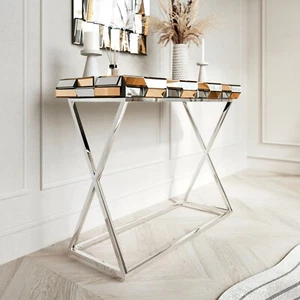 Rose Gold Mirrored Console Table 3D Glass Design Chrome Legs Bedroom Furniture - Picture 1 of 5