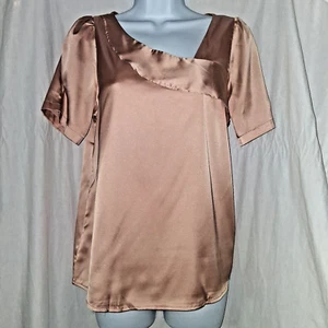 Zanzea Tan Champagne Blouse Career Wear Asymmetrical Neck Women's S Small Silky - Picture 1 of 7
