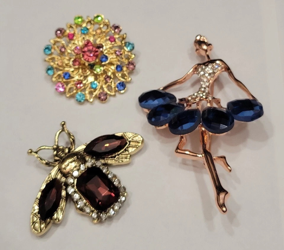 3pc Rhinestone Ballerina Dancer Flower Bee Insect Bug Brooch Pin Lapel Lot  E172 - Image 1 of 4