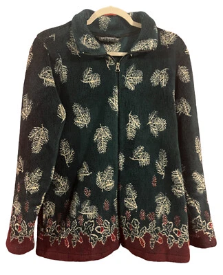 Suéter de Natal vintage lã zíper completo folha de azevinho médio diamante preto - Imagem 1 de 4