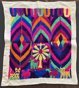 Vintage Paya Guatemala Volkskunst Stickerei Textil Jaguar Hirsch Vögel Wandbehang D - Bild 1 von 3