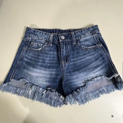 Vanilla Star Womens Shorts 3 Blue Med. Wash Mid-Rise Festival Frayed Distressed - Image 1 of 4
