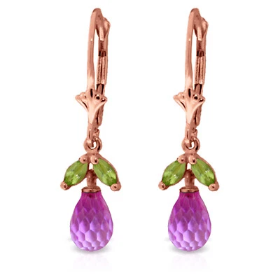 3.4 CTW 14K Solid Rose Gold Leverback Earrings Pink Topaz Peridot - Image 1 of 3