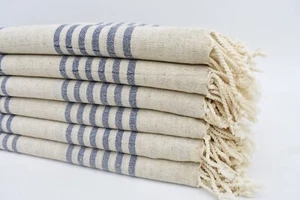 Striped Turkish Towel, Organic Linen Towel, 70"x40" Beach Towel, Navy Blue - Picture 1 of 10