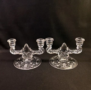 Viking Pair Teardrop 2 Lite Candlesticks Prelude Etched Clear Crystal 1938-1950s - Picture 1 of 18