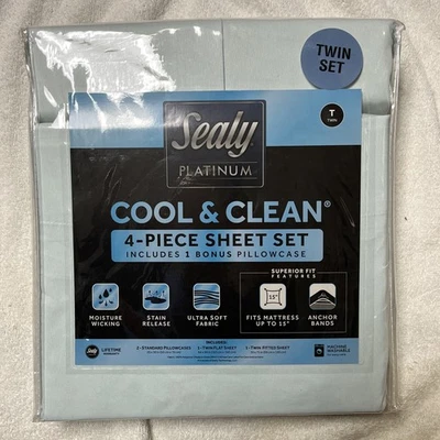 SEALY PLATINUM COOL & CLEAN 4 PIEZAS. JUEGO DE SÁBANAS DOBLES AJUSTE SUPERIOR AZUL BRUMOSO NUEVO Foto 1 de 4
