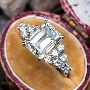 2CT EMERALD CUT Lab-Created Diamond WOMEN'S WEDDING RING 14K White Gold Plated - Picture 1 of 7