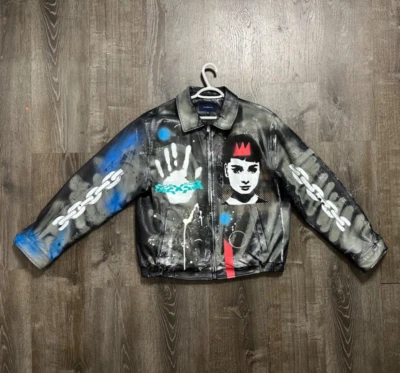 VIntage Custom made multicolor Y2K heavy metal black 100% leather bomber jacket - Image 1 of 3