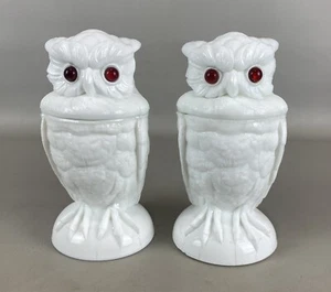Matched Pr. Antique Atterbury Milk Glass Owl Covered Jars - Picture 1 of 6