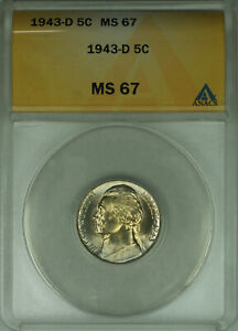 1943-D Jefferson Wartime Silver Nickel 5c Coin ANACS MS-67 (RL) A
