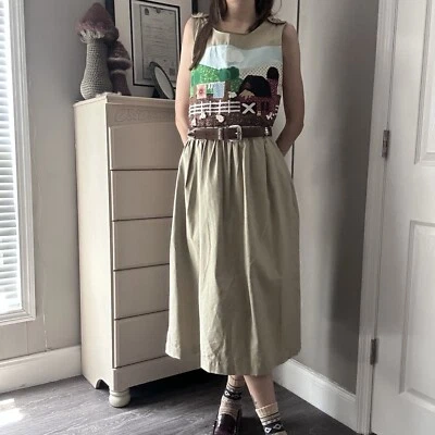 VTG 1980s Handmade Farmhouse Country Cotton Embroidered Dress w Ceramic Pins  - Image 1 of 4