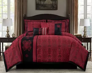 Chezmoi Collection Tai 7-Piece Oriental Red Black Jacquard Comforter Set - Picture 1 of 8