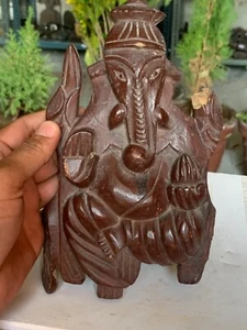 1800's Indian Antique Handcrafted Wooden Lord Ganesha Statue Figurine Panel - Picture 1 of 8
