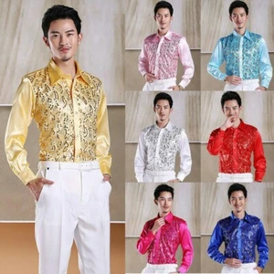 Men's Shiny Silk Feel Sequin Shirt Blouse Top Stage Party Wet Look Long Sleeve - Picture 1 of 15