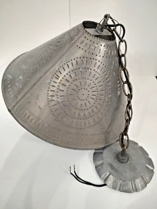 Vintage Punched Galvanized Tin Shade Hanging Pendant Light - Picture 1 of 22