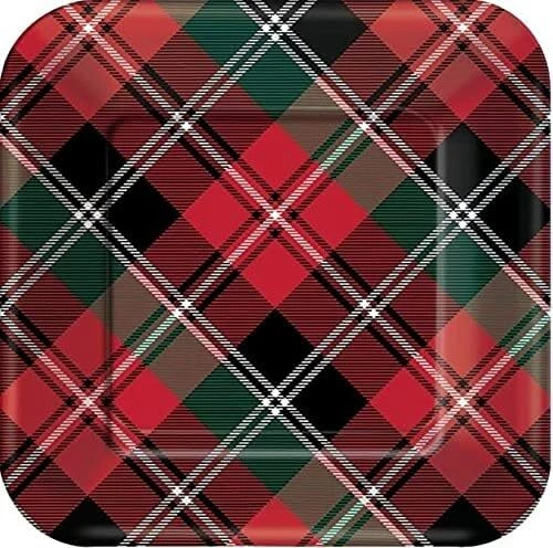 Holiday Plaid Red Winter Christmas Party Bulk 7" Paper Square Dessert Plates - Image 1 of 1