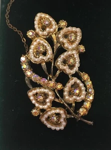 Vintage Floral Brooch Costume Diamond Gold Pearl with Box - Picture 1 of 8