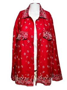 Quacker Factory Jacket Women's Large Red Patriotic Paisley Light Denim Beaded - Picture 1 of 11