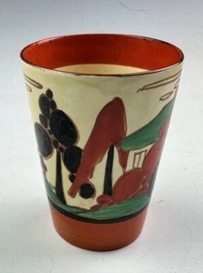 Clarice Cliff RED TREES & HOUSE beaker, 9.5cm. Hand painted, Art Deco, circa ... - Picture 1 of 6