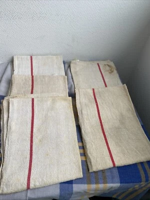 5 Anciens Torchons En Lin Coton Liseret Rouge Usagé Retro Cuisine - Photo 1/4
