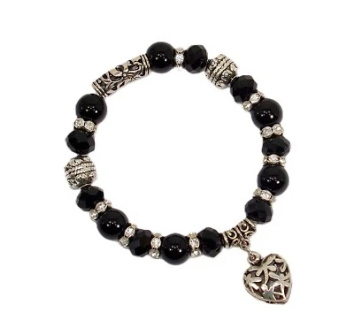 Pulsera elástica con dije de corazón con cuentas de vidrio negro y cuentas de cristal - NUEVA Foto 1 de 4