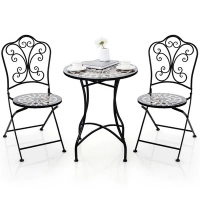 3pcs Patio Bistro Set Mosaic Pattern Heavy-Duty Metal Dining Folding Outdoor - Image 1 of 4